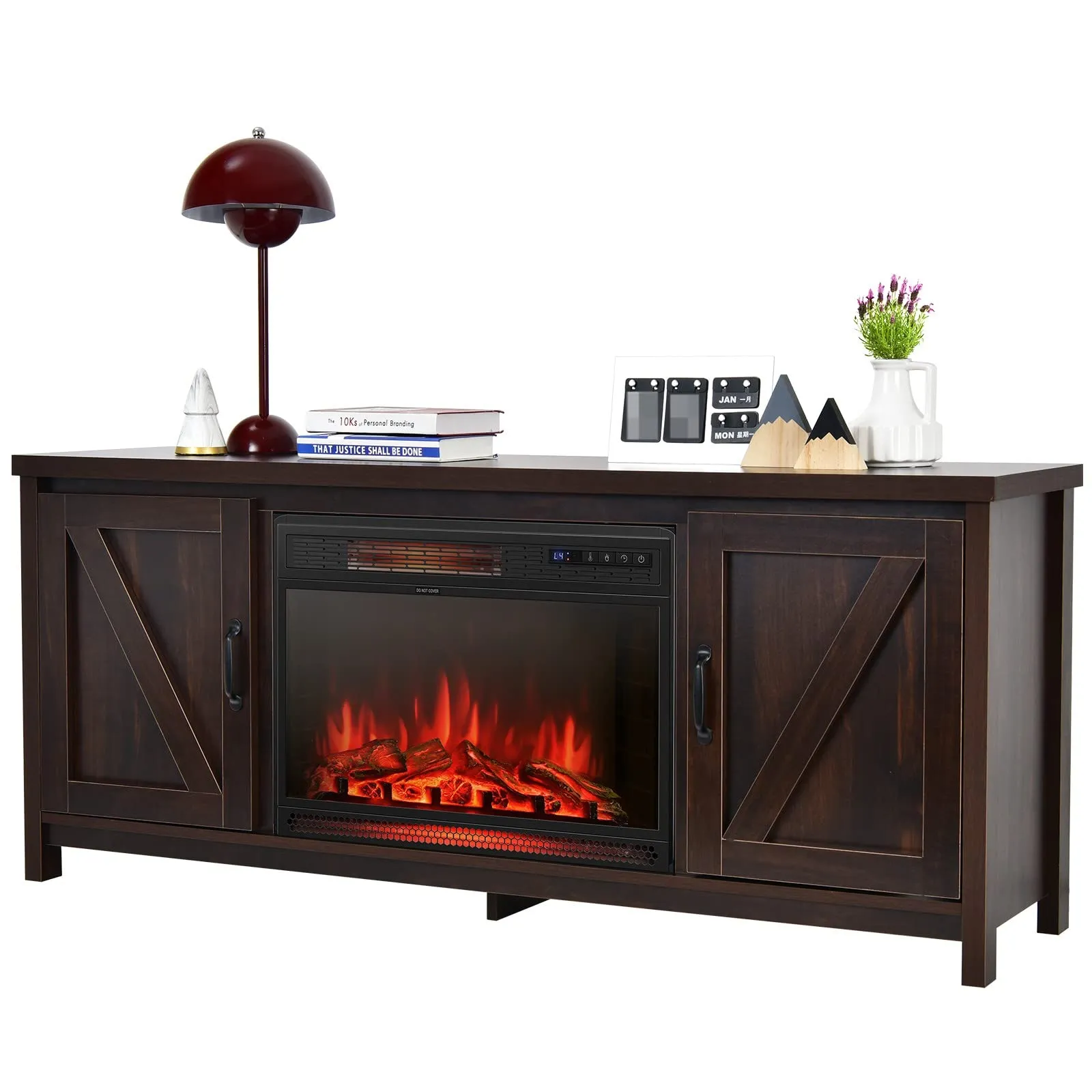 Fireplace TV Stand for TVs Up to 65 Inch, Fireplace Media Console Table with Barn Doors, Electric Heater with Adjustable Brightness & Remote